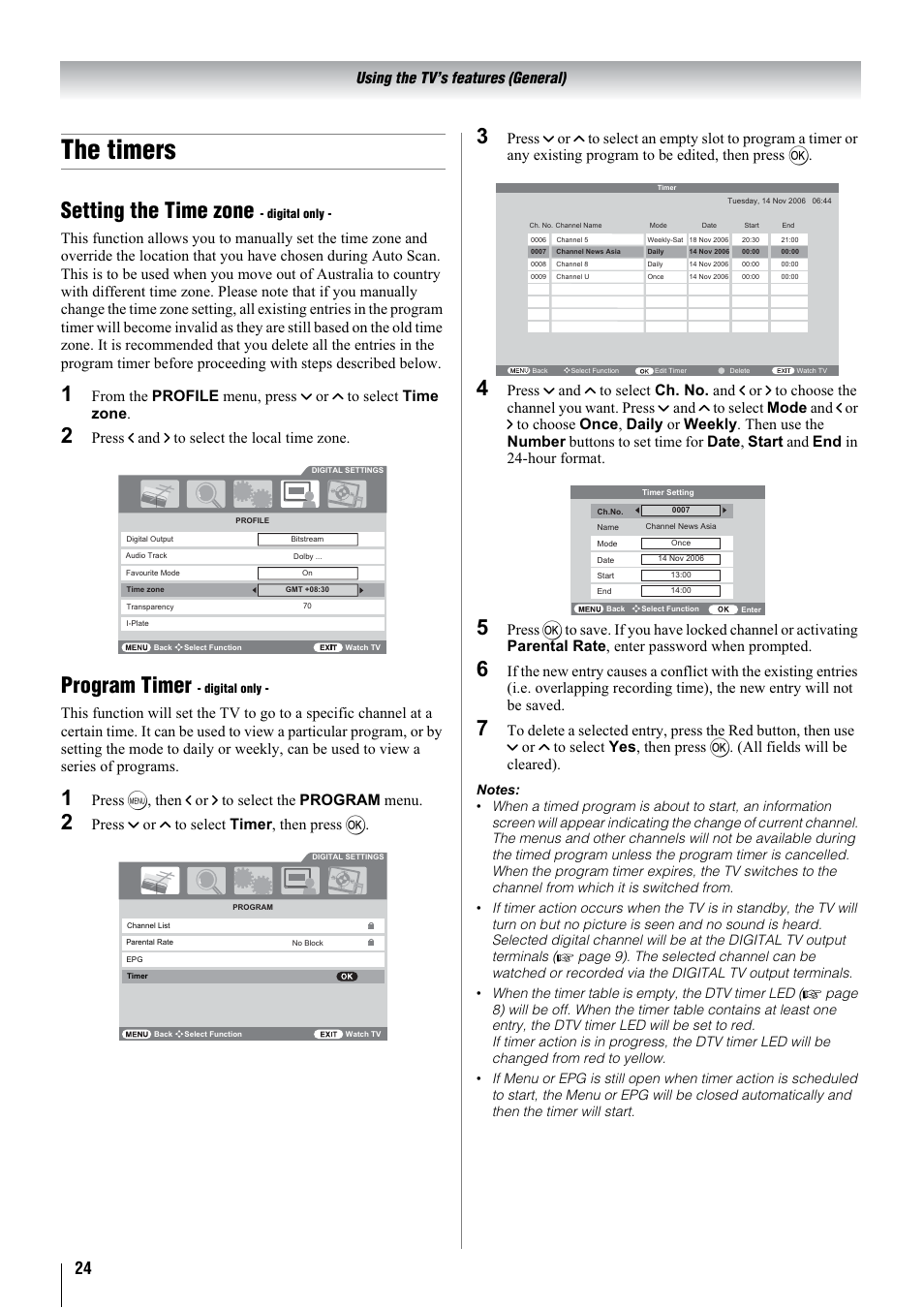 The timers, Setting the time zone, Program timer | Using the tv’s features (general), Press i and i to select the local time zone, Press m, then i or i to select the program menu, Press u or u to select timer , then press q | Toshiba 32WLT66A User Manual | Page 24 / 44