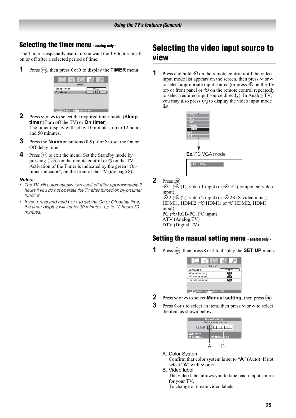 Selecting the video input source to view, Selecting the timer menu, Setting the manual setting menu | Toshiba 32WLT66A User Manual | Page 25 / 44