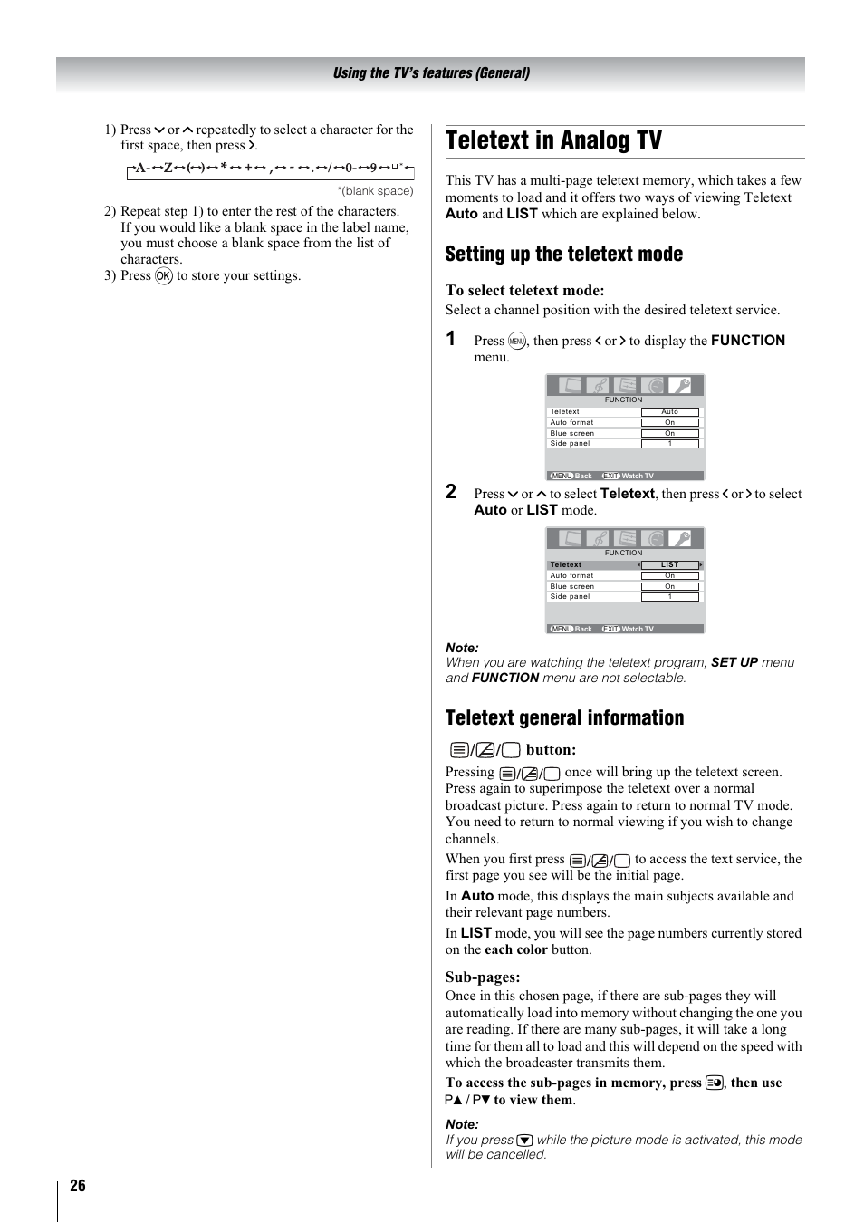 Teletext in analog tv, Setting up the teletext mode, Teletext general information | Button, Sub-pages | Toshiba 32WLT66A User Manual | Page 26 / 44