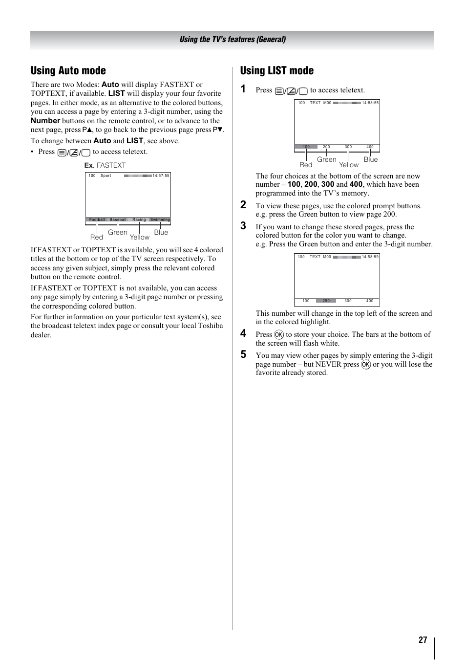 Using auto mode, Using list mode 1 | Toshiba 32WLT66A User Manual | Page 27 / 44