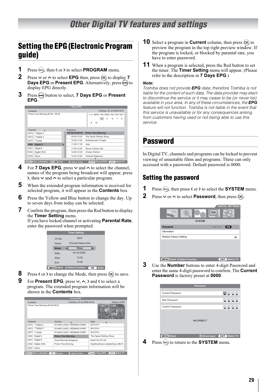 Other digital tv features and settings, Setting the epg (electronic program guide), Password | Setting the password 1, Press m, then i or i to select program menu, Press u or u to select password , then press q, Press m to return to the system menu | Toshiba 32WLT66A User Manual | Page 29 / 44