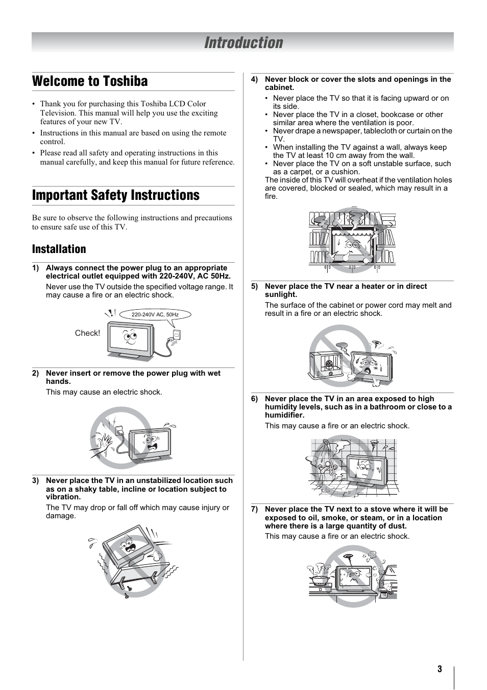 Introduction, Welcome to toshiba, Important safety instructions | Installation | Toshiba 32WLT66A User Manual | Page 3 / 44