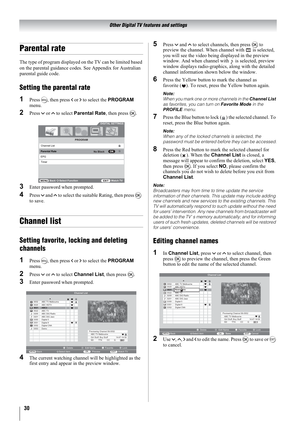 Parental rate, Channel list, Setting the parental rate 1 | Setting favorite, locking and deleting channels 1, Editing channel names 1, Other digital tv features and settings, Enter password when prompted, Press u or u to select channel list , then press q | Toshiba 32WLT66A User Manual | Page 30 / 44