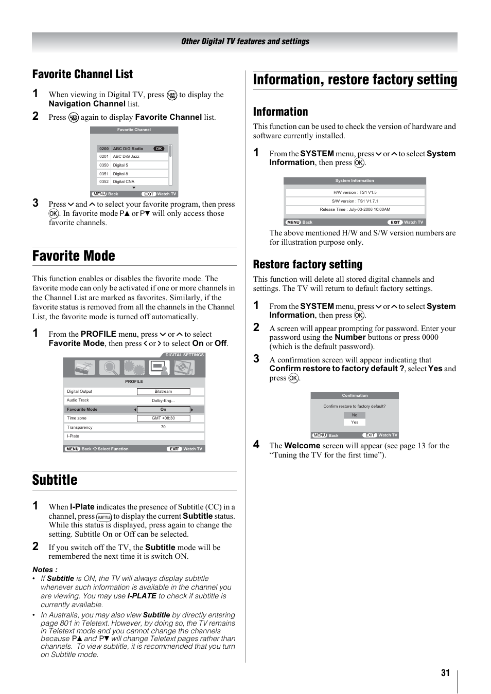 Favorite mode, Subtitle, Information, restore factory setting | Favorite channel list 1, Information, Restore factory setting | Toshiba 32WLT66A User Manual | Page 31 / 44