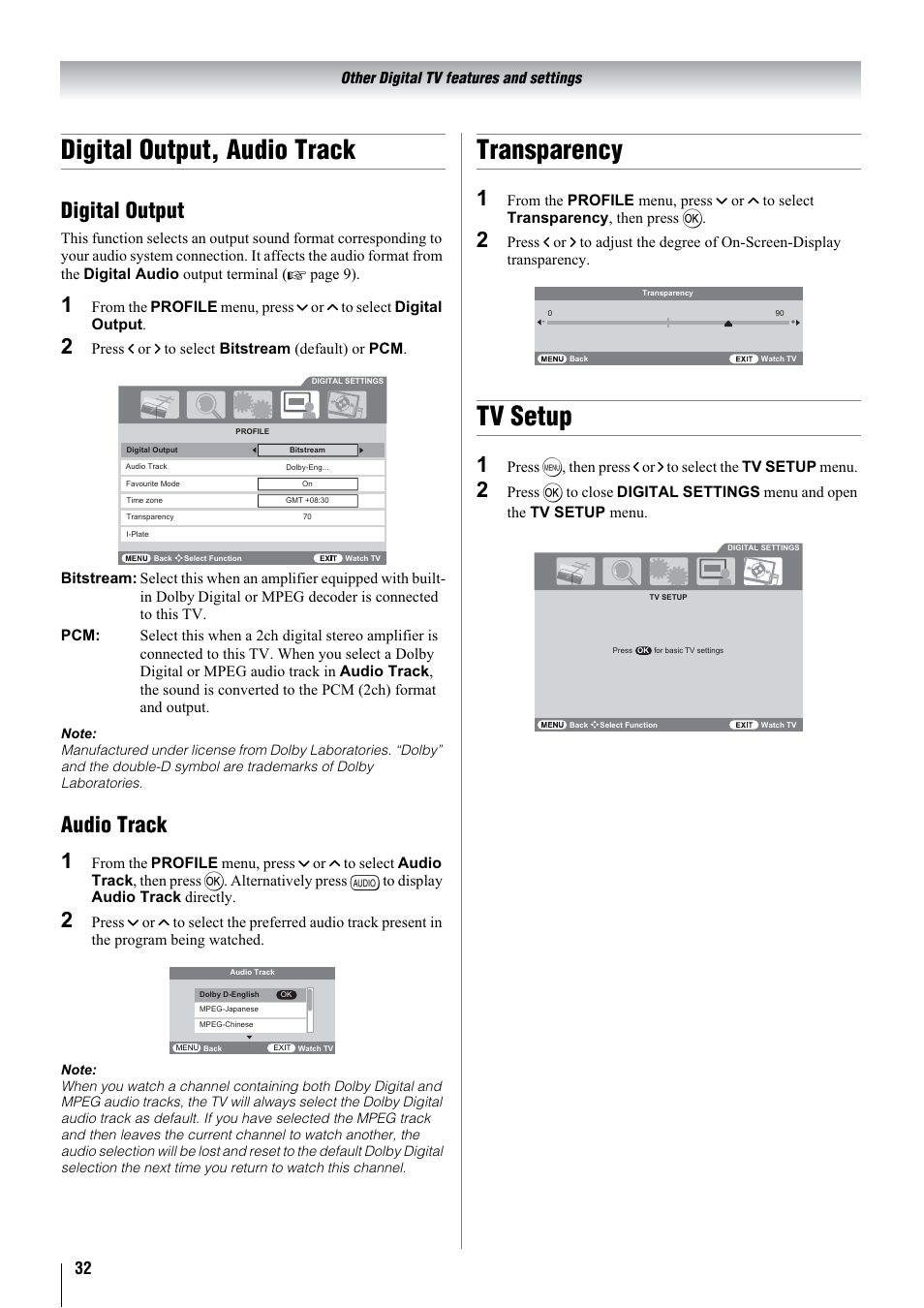 Digital output, audio track, Transparency, Tv setup | Digital output, Audio track 1 | Toshiba 32WLT66A User Manual | Page 32 / 44