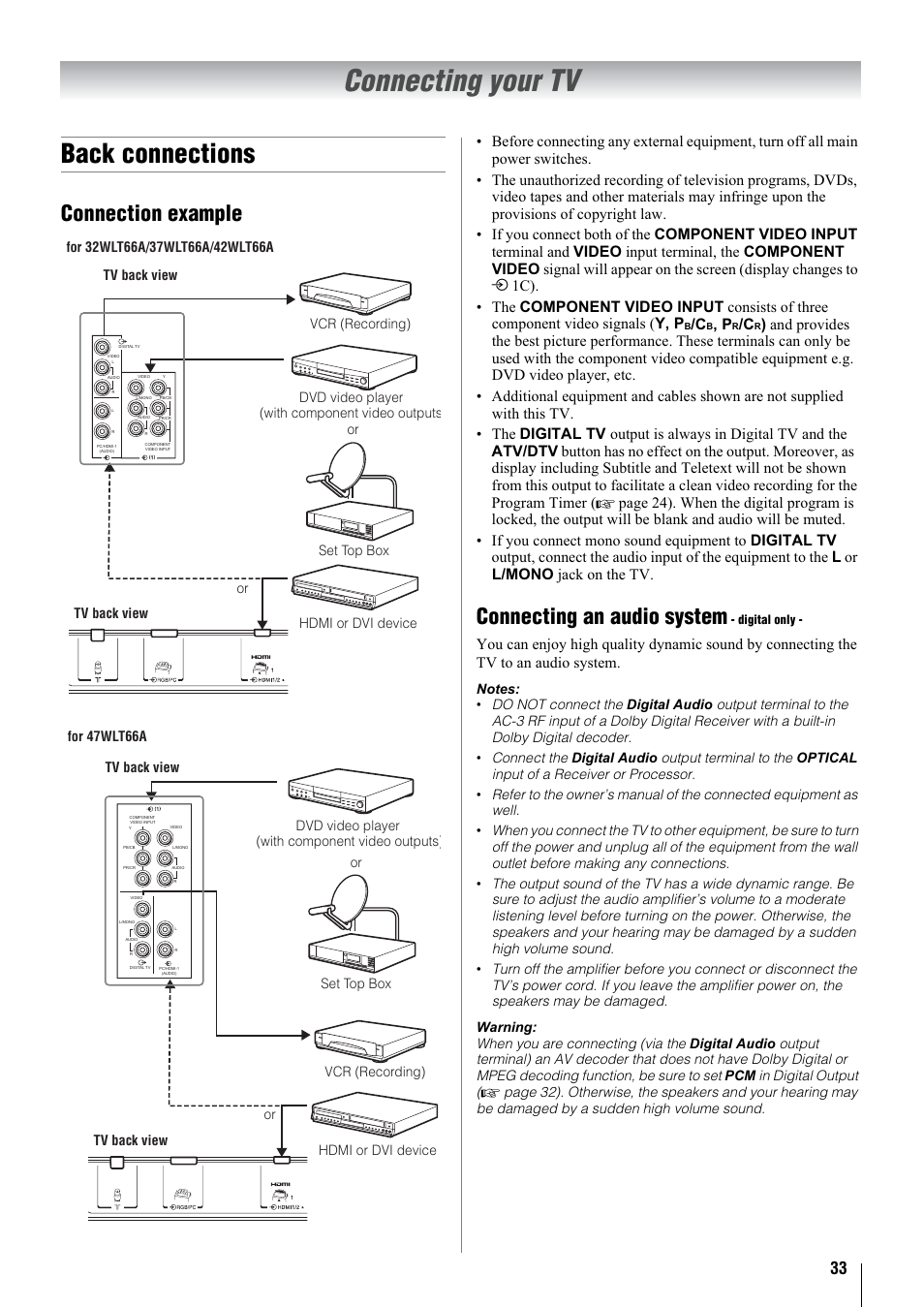 Connecting your tv, Back connections, Connection example | Connecting an audio system | Toshiba 32WLT66A User Manual | Page 33 / 44