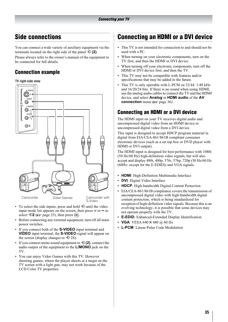 Side connections, Connecting an hdmi or a dvi device, Connection example | Toshiba 32WLT66A User Manual | Page 35 / 44