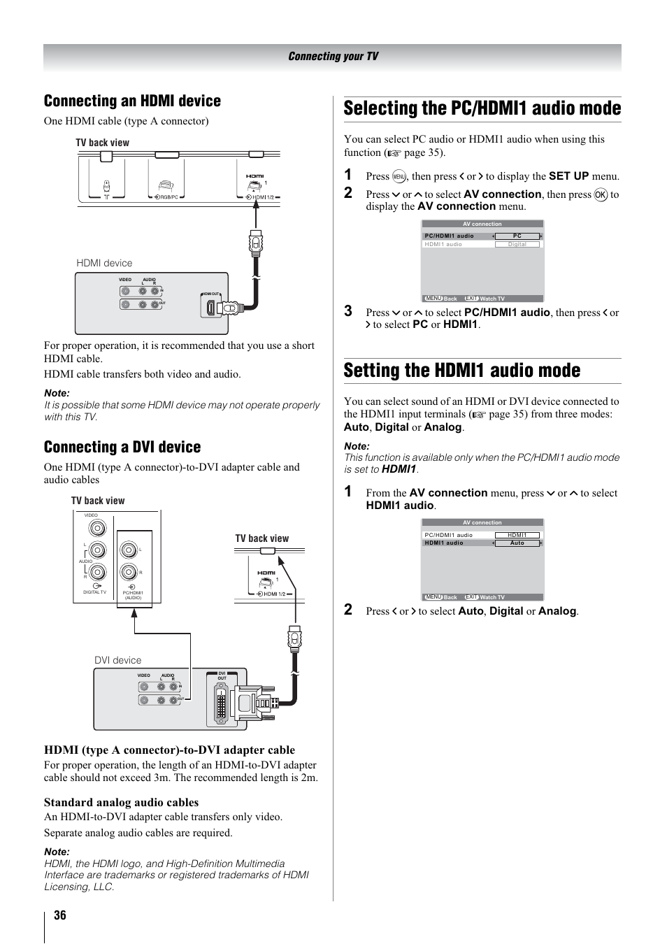 Selecting the pc/hdmi1 audio mode, Setting the hdmi1 audio mode, Connecting an hdmi device | Connecting a dvi device, Hdmi (type a connector)-to-dvi adapter cable, Standard analog audio cables | Toshiba 32WLT66A User Manual | Page 36 / 44