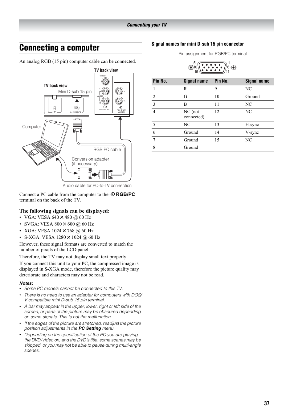 Connecting a computer | Toshiba 32WLT66A User Manual | Page 37 / 44