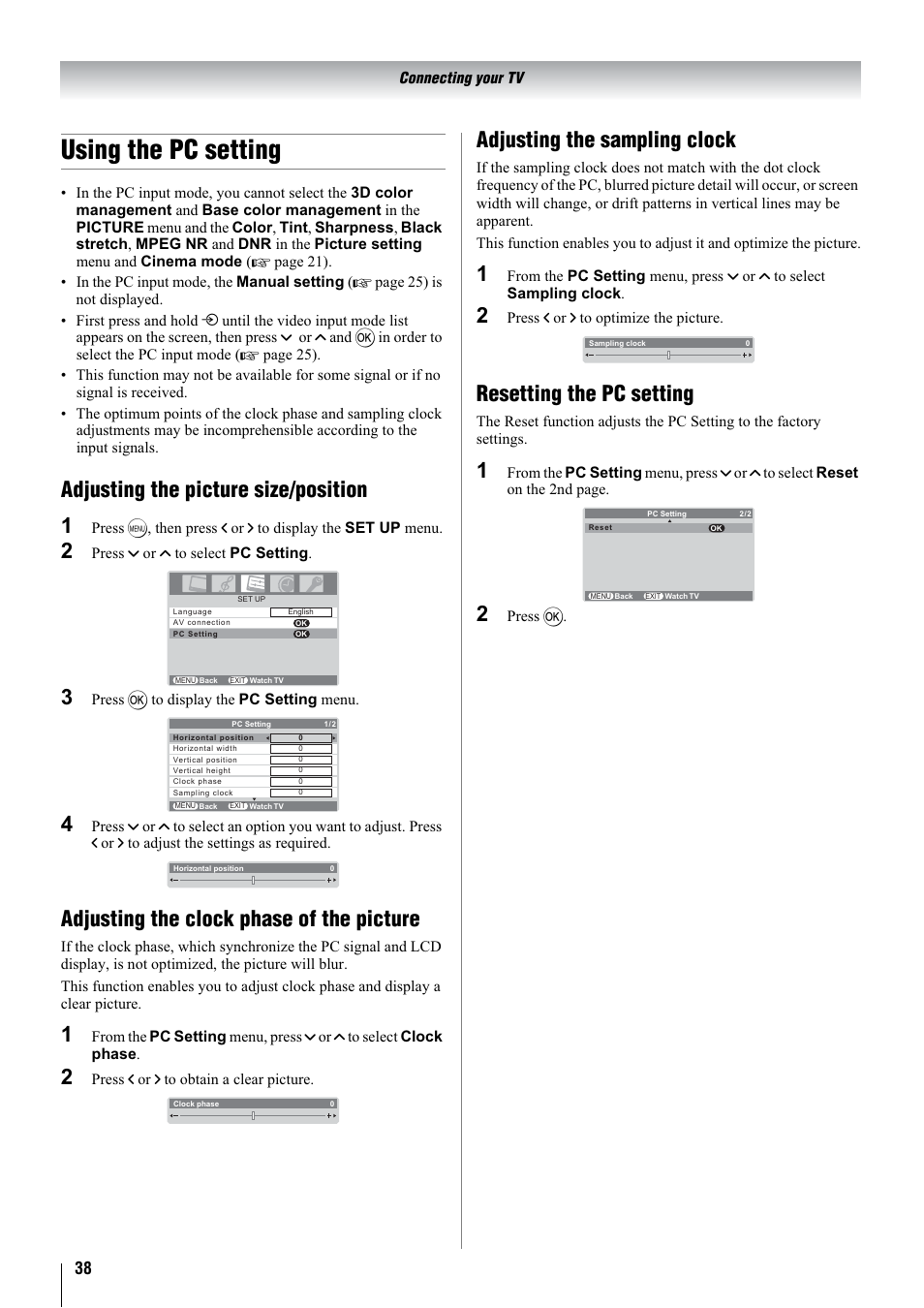 Using the pc setting, Adjusting the picture size/position 1, Adjusting the clock phase of the picture | Adjusting the sampling clock, Resetting the pc setting | Toshiba 32WLT66A User Manual | Page 38 / 44