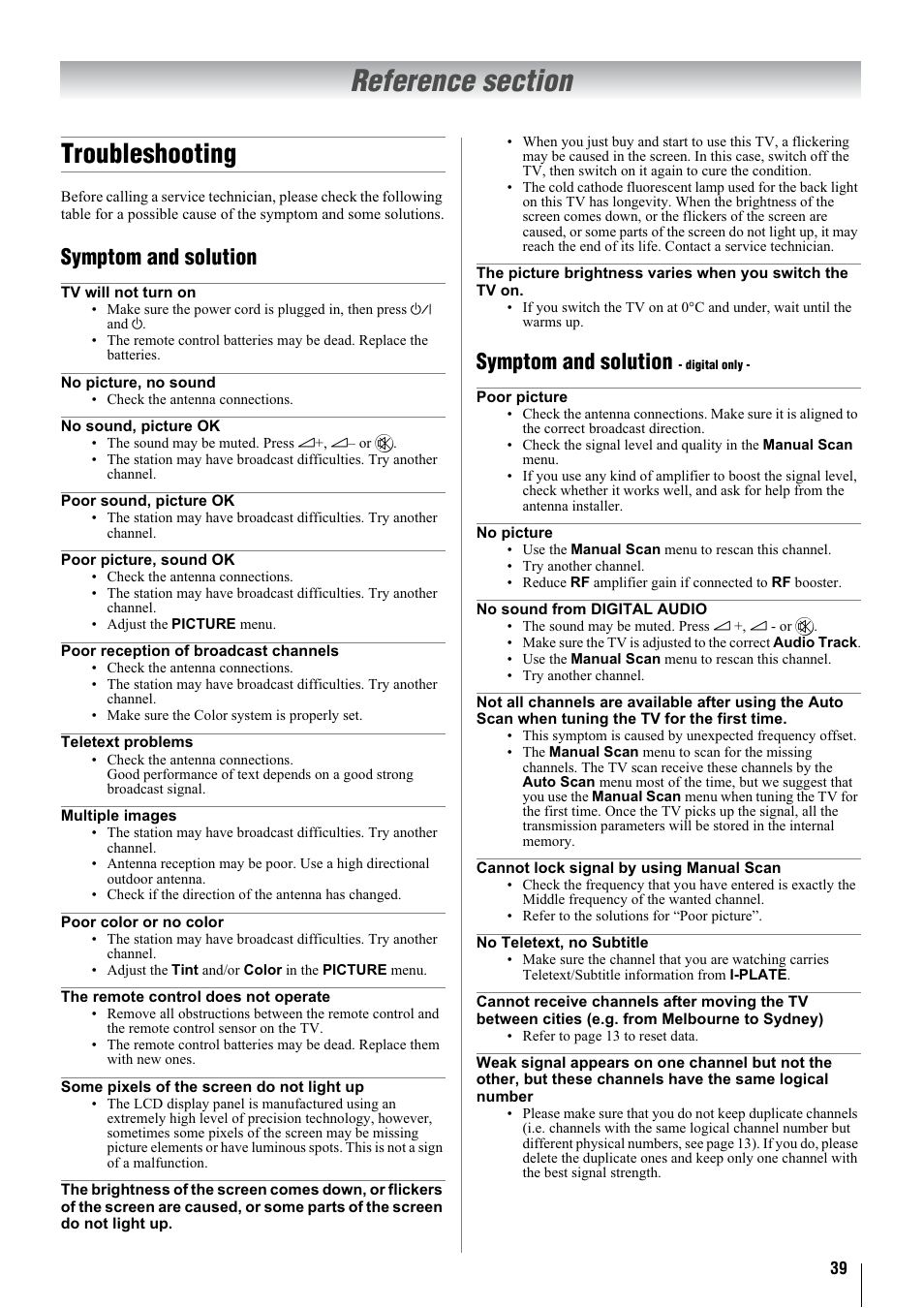 Troubleshooting, Symptom and solution | Toshiba 32WLT66A User Manual | Page 39 / 44