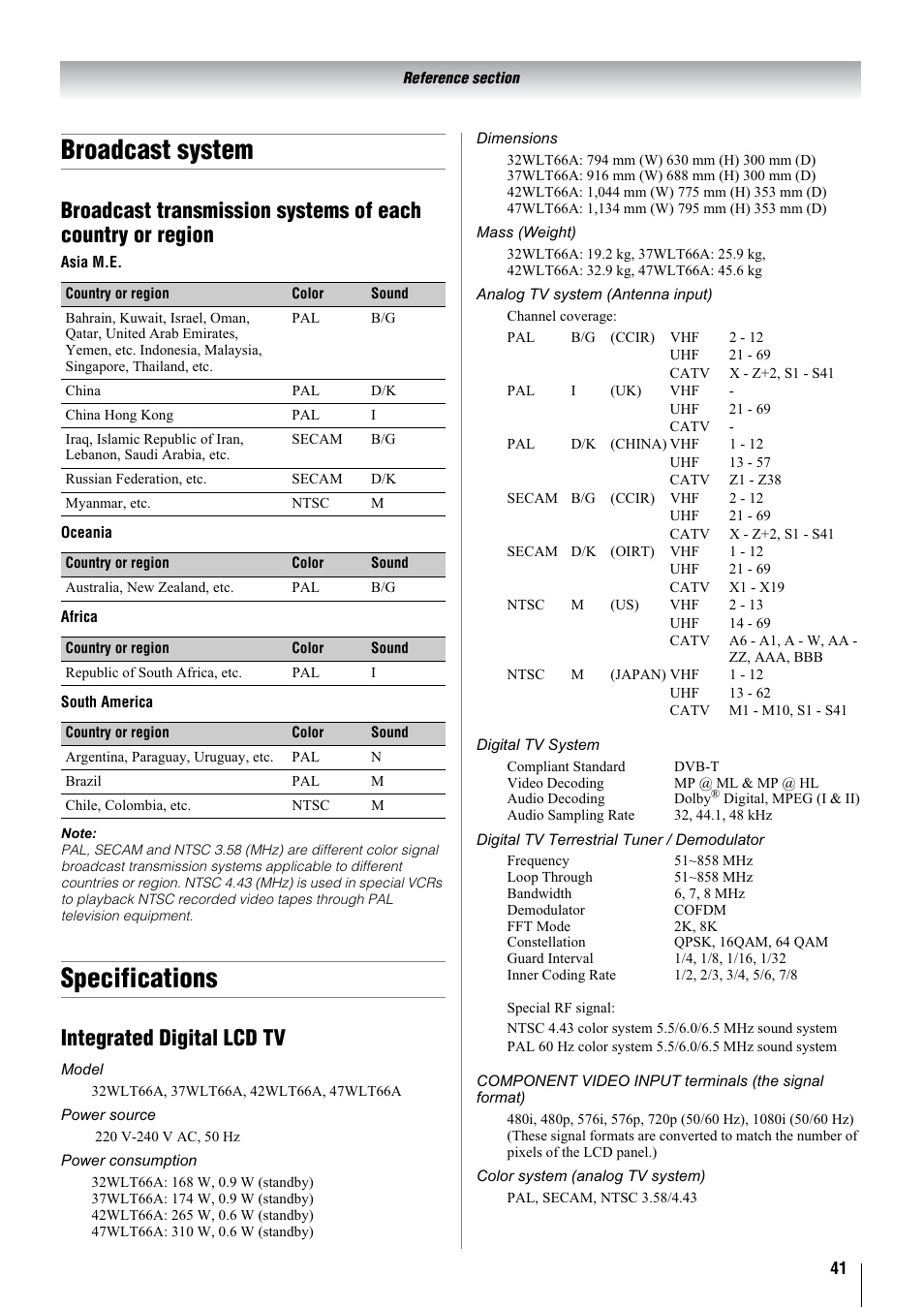 Broadcast system, Specifications, Integrated digital lcd tv | Toshiba 32WLT66A User Manual | Page 41 / 44