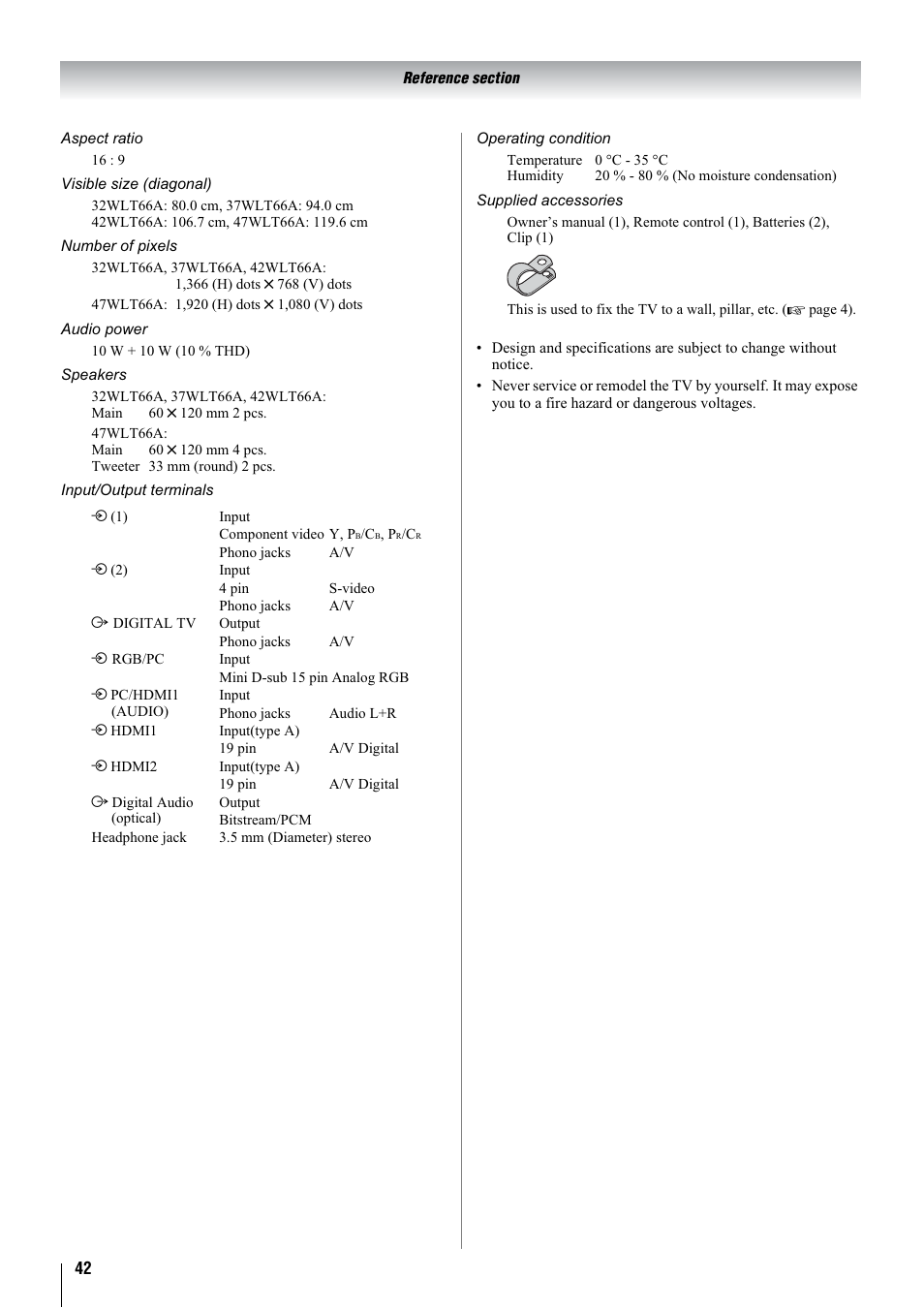 Toshiba 32WLT66A User Manual | Page 42 / 44