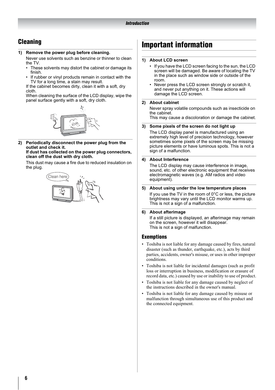 Important information, Cleaning | Toshiba 32WLT66A User Manual | Page 6 / 44