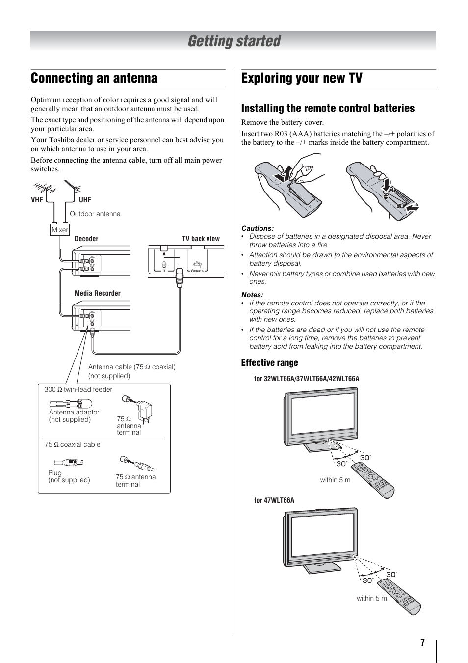 Getting started, Connecting an antenna, Exploring your new tv | Installing the remote control batteries, Effective range | Toshiba 32WLT66A User Manual | Page 7 / 44