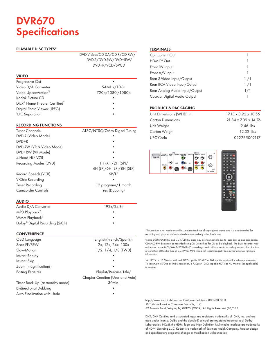 Dvr670 speciﬁ cations | Toshiba DVR670 User Manual | Page 2 / 2