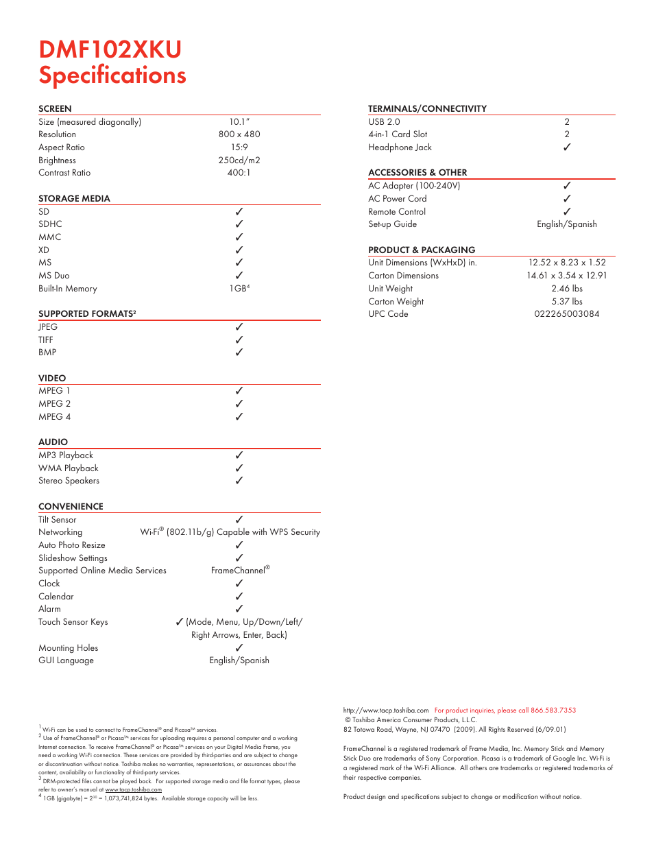 Dmf102xku speciﬁ cations | Toshiba DMF102XKU User Manual | Page 2 / 2
