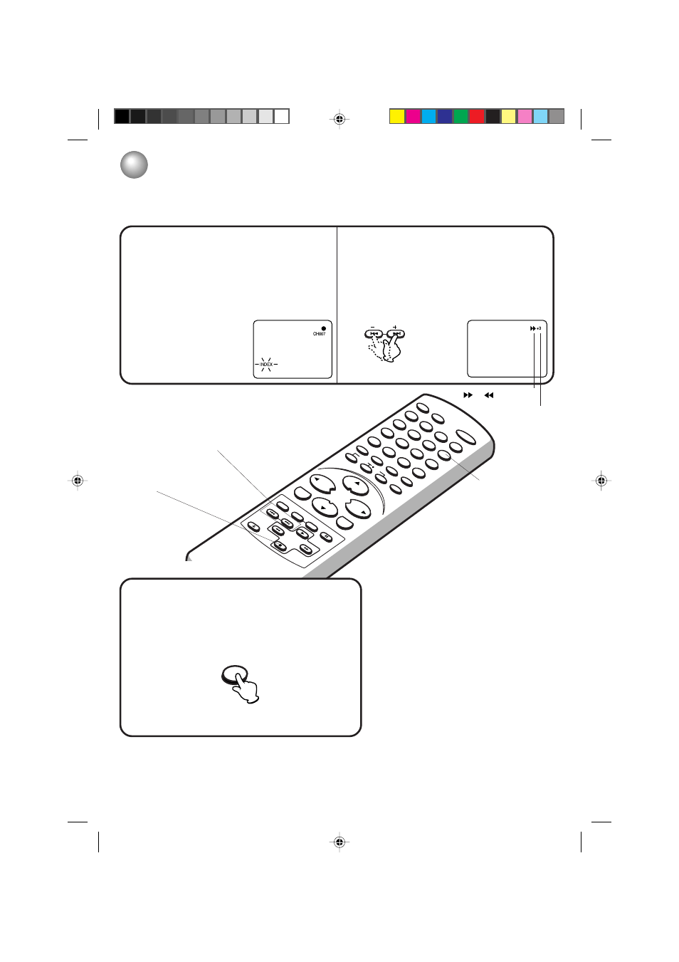 Video index search system/to monitor a tv program, Video index search system, Tv monitor index + / – stop | Index search, Index no. (up to 9) or is displayed | Toshiba MV13P3 User Manual | Page 49 / 56