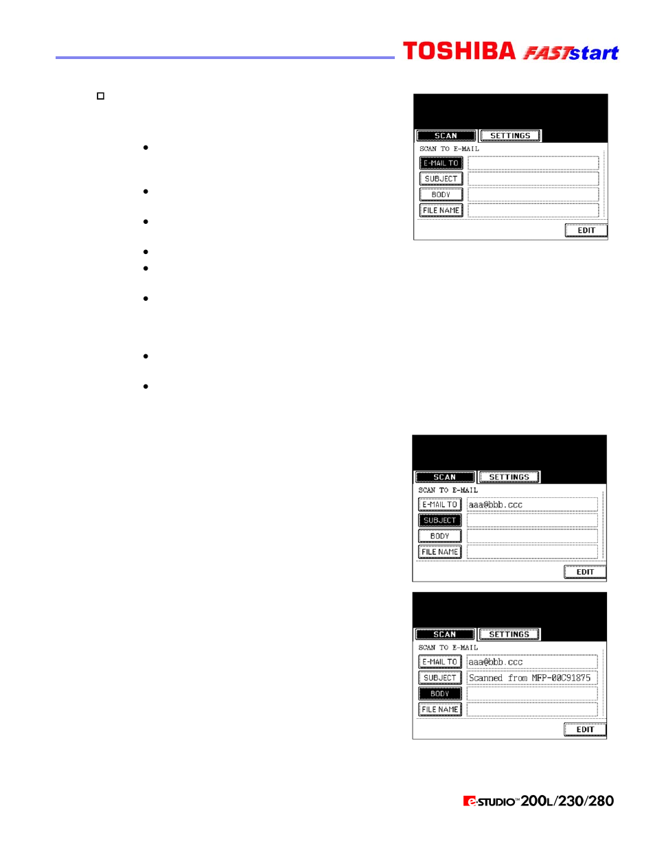 Scan to e-mail (cont’d.) | Toshiba Faststart 200L User Manual | Page 18 / 26