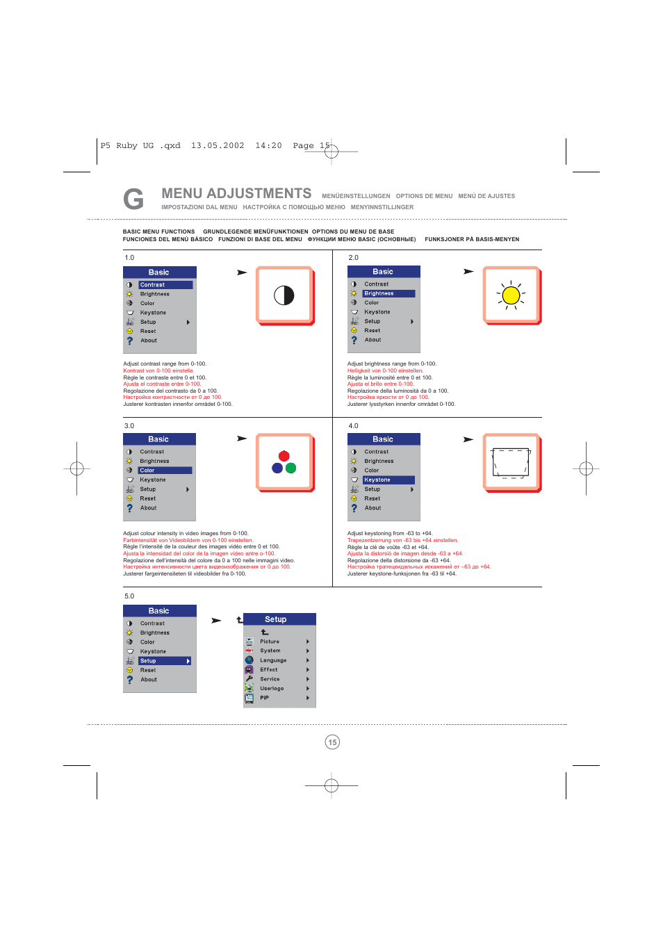 Menu adjustments | Toshiba TDP P5 User Manual | Page 15 / 44