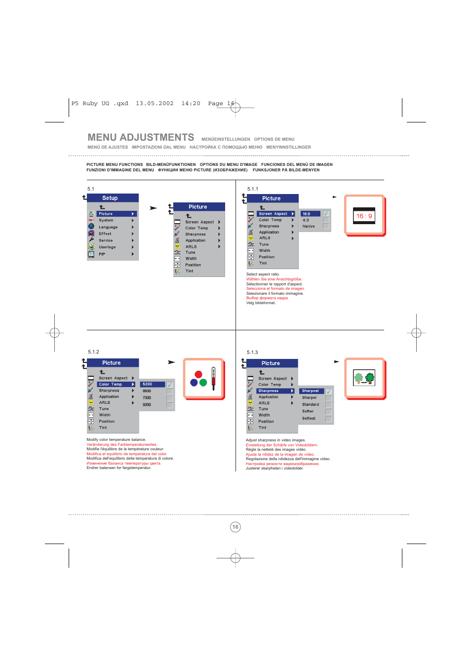 Menu adjustments | Toshiba TDP P5 User Manual | Page 16 / 44