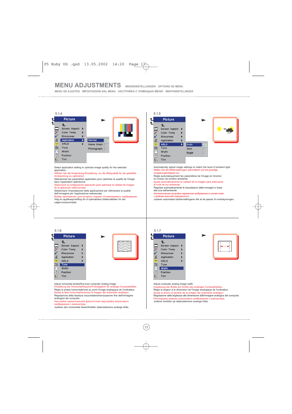 Menu adjustments | Toshiba TDP P5 User Manual | Page 17 / 44