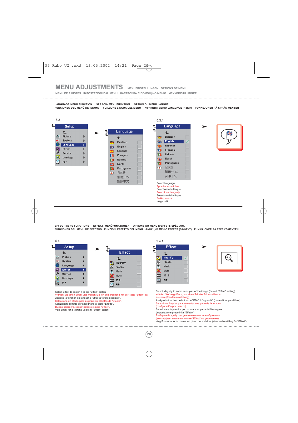 Menu adjustments | Toshiba TDP P5 User Manual | Page 20 / 44