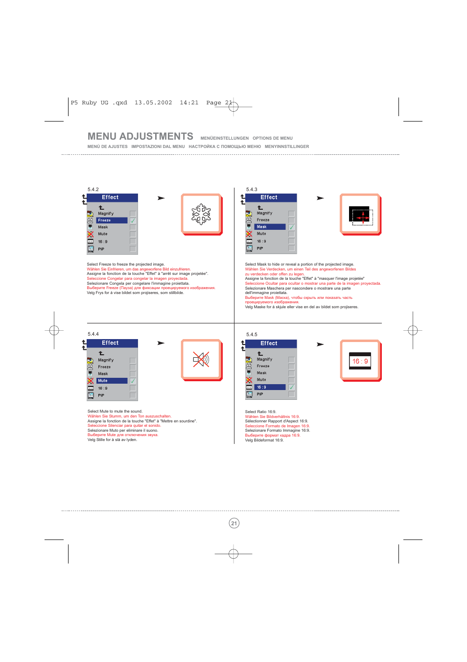 Menu adjustments | Toshiba TDP P5 User Manual | Page 21 / 44