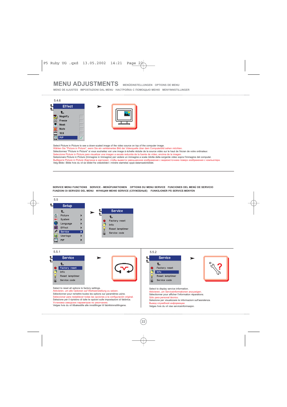 Menu adjustments | Toshiba TDP P5 User Manual | Page 22 / 44