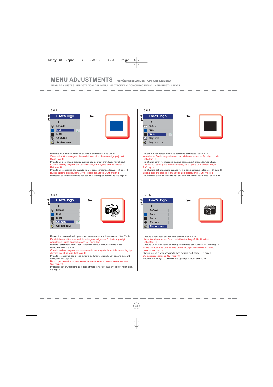 Menu adjustments | Toshiba TDP P5 User Manual | Page 24 / 44