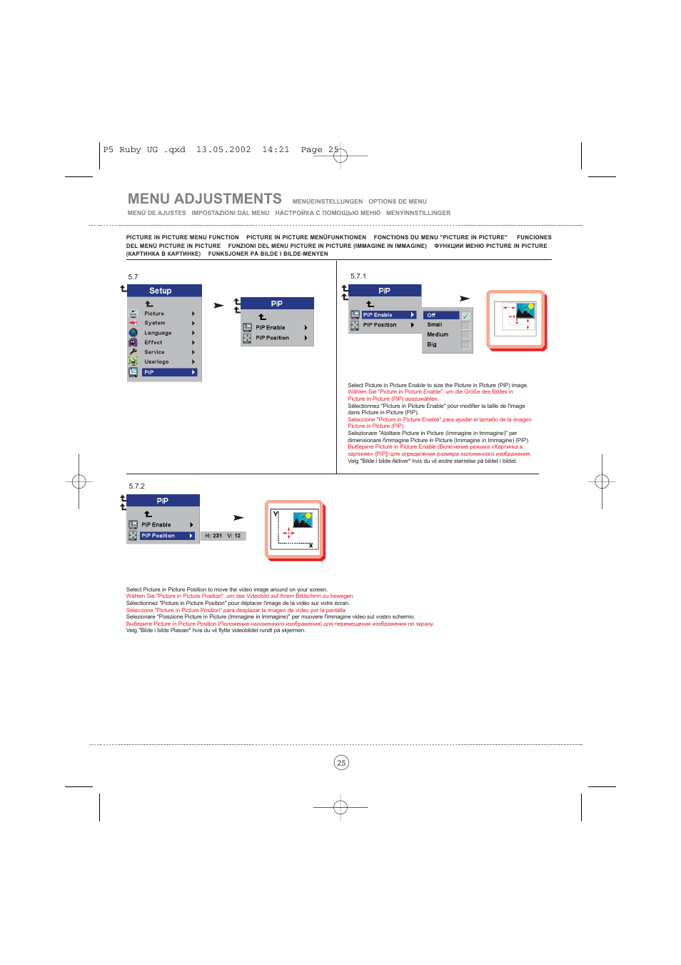 Menu adjustments | Toshiba TDP P5 User Manual | Page 25 / 44