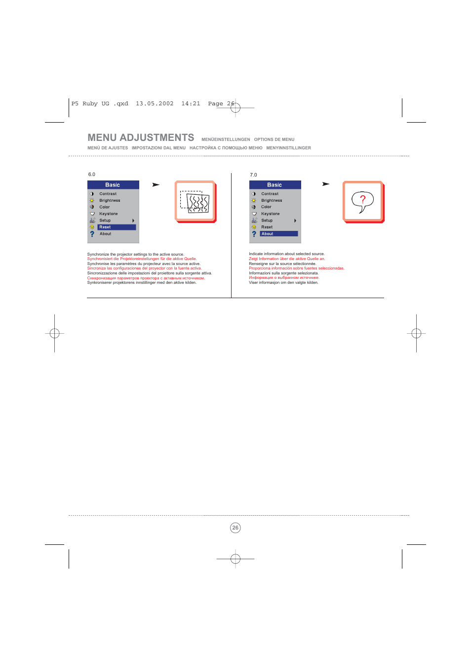 Menu adjustments | Toshiba TDP P5 User Manual | Page 26 / 44