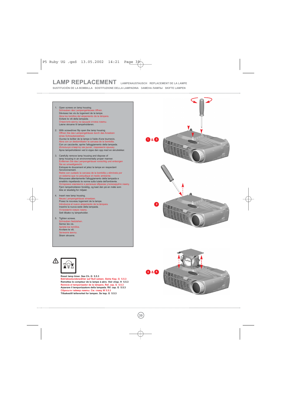 Lamp replacement | Toshiba TDP P5 User Manual | Page 39 / 44