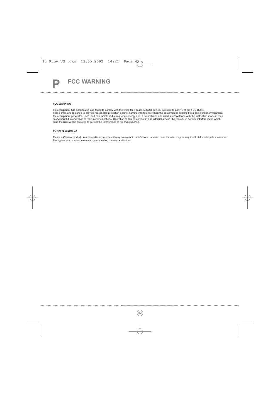 Fcc warning | Toshiba TDP P5 User Manual | Page 42 / 44