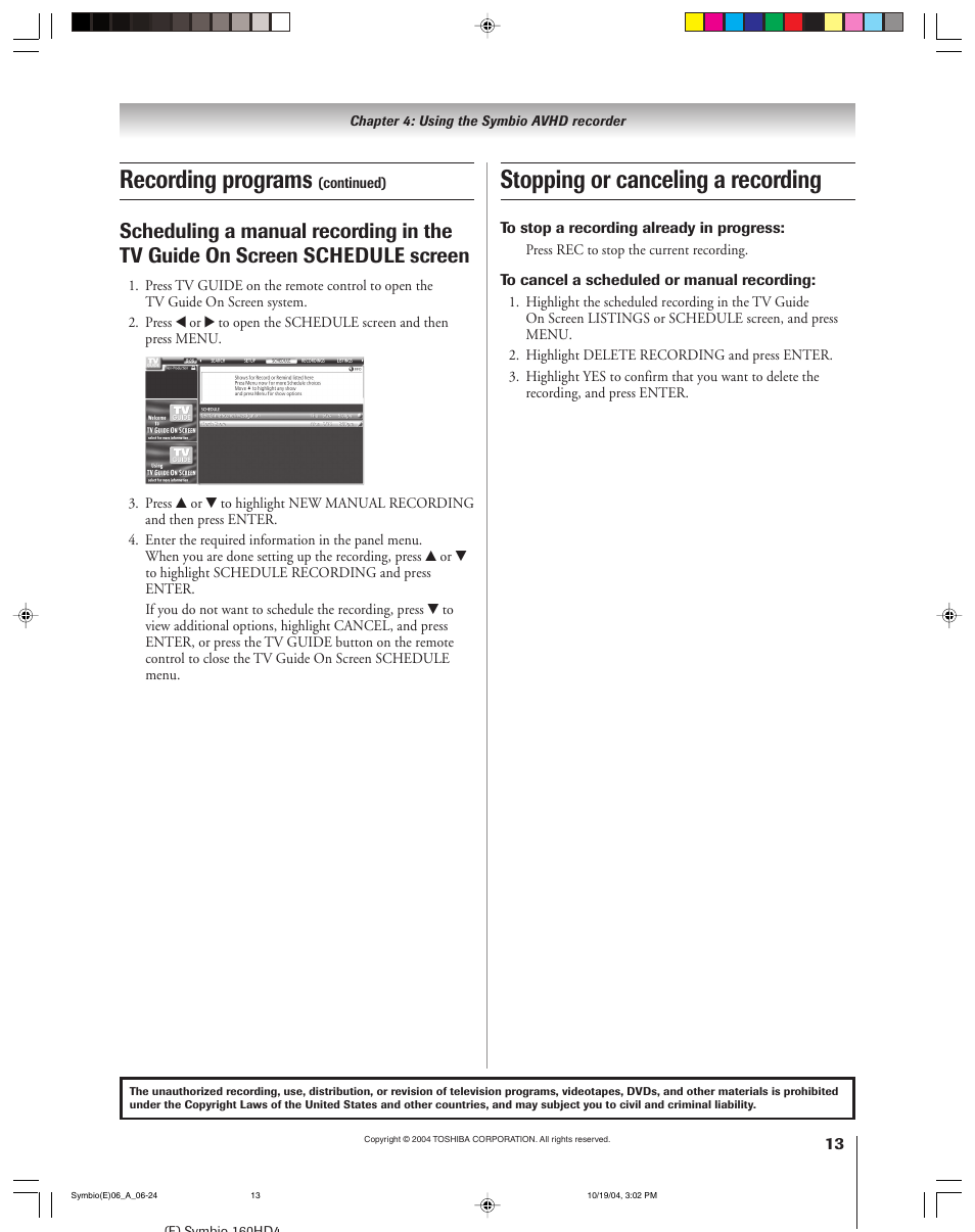 Stopping or canceling a recording, Recording programs | Toshiba 160HD4 User Manual | Page 13 / 24