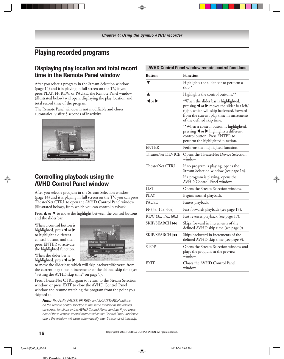 Playing recorded programs | Toshiba 160HD4 User Manual | Page 16 / 24