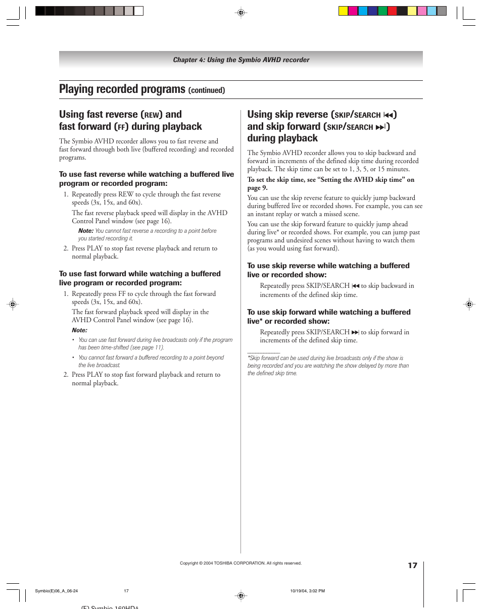 Playing recorded programs, Using fast reverse, And fast forward | During playback, Using skip reverse, And skip forward | Toshiba 160HD4 User Manual | Page 17 / 24