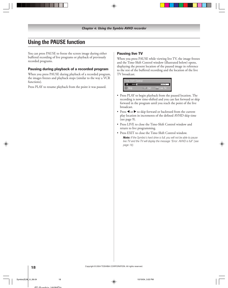 Using the pause function | Toshiba 160HD4 User Manual | Page 18 / 24