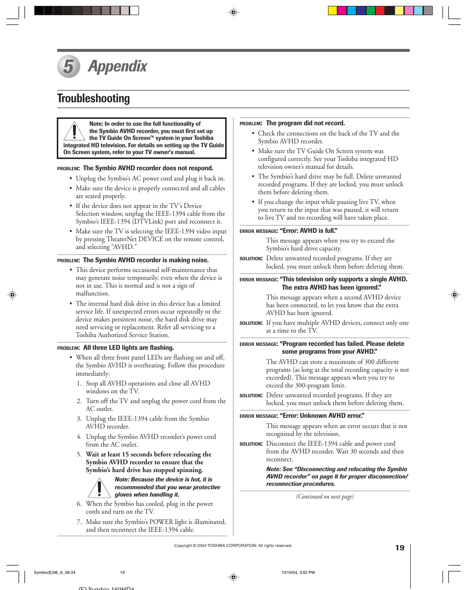 Appendix, Troubleshooting | Toshiba 160HD4 User Manual | Page 19 / 24