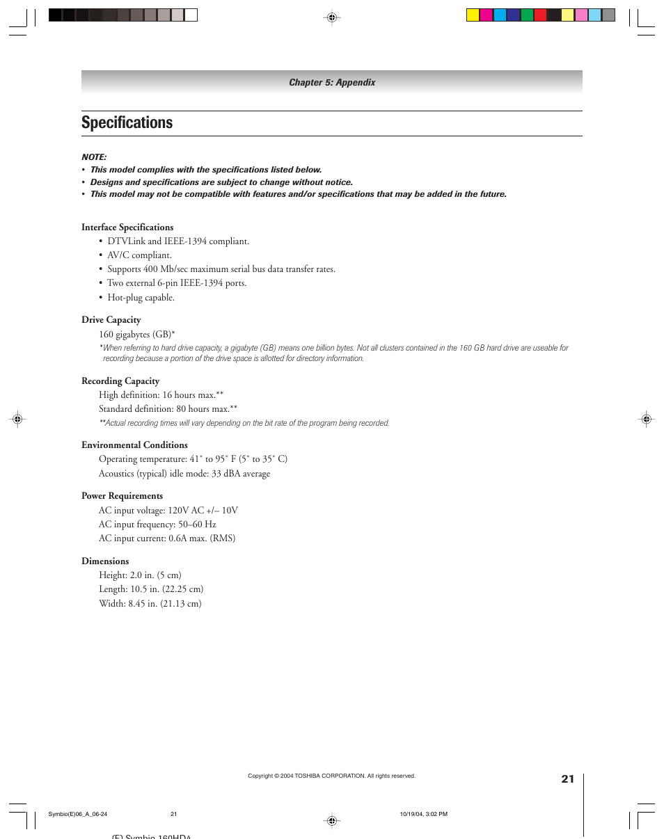 Specifications | Toshiba 160HD4 User Manual | Page 21 / 24