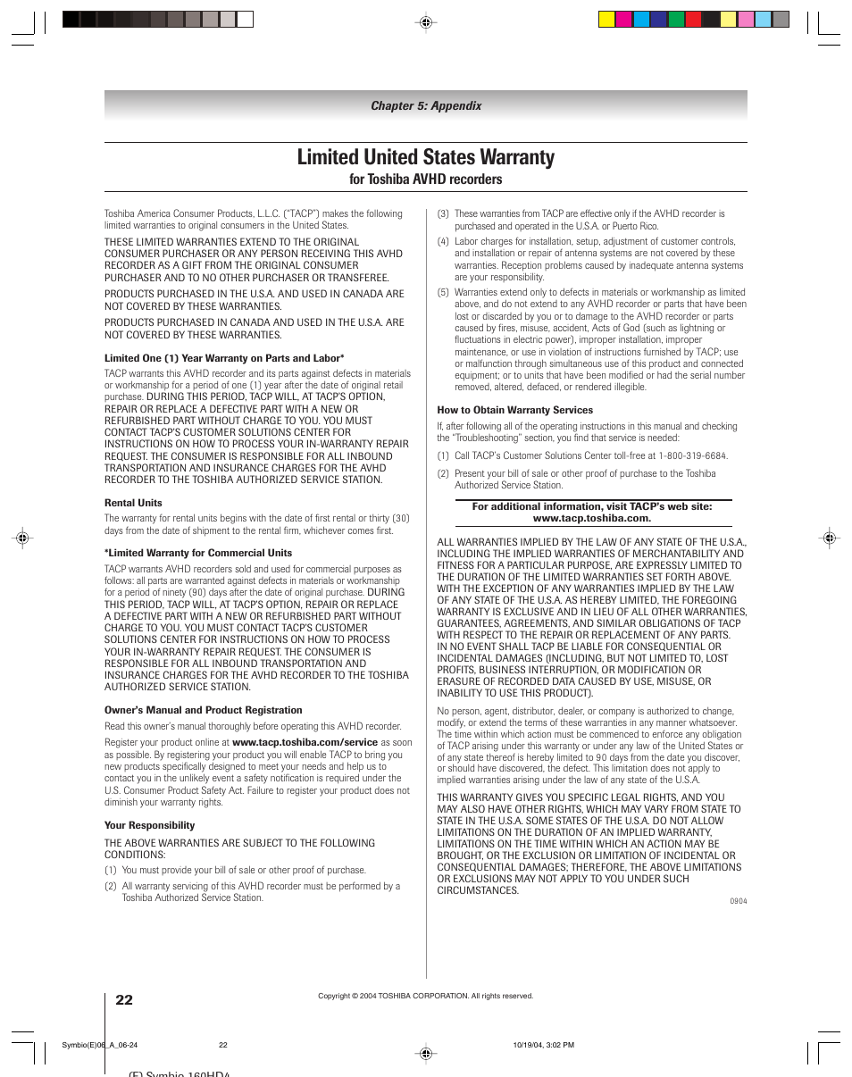 Limited united states warranty, For toshiba avhd recorders | Toshiba 160HD4 User Manual | Page 22 / 24