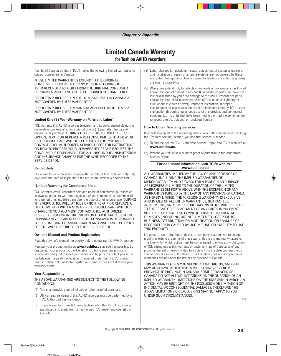 Limited canada warranty, For toshiba avhd recorders | Toshiba 160HD4 User Manual | Page 23 / 24