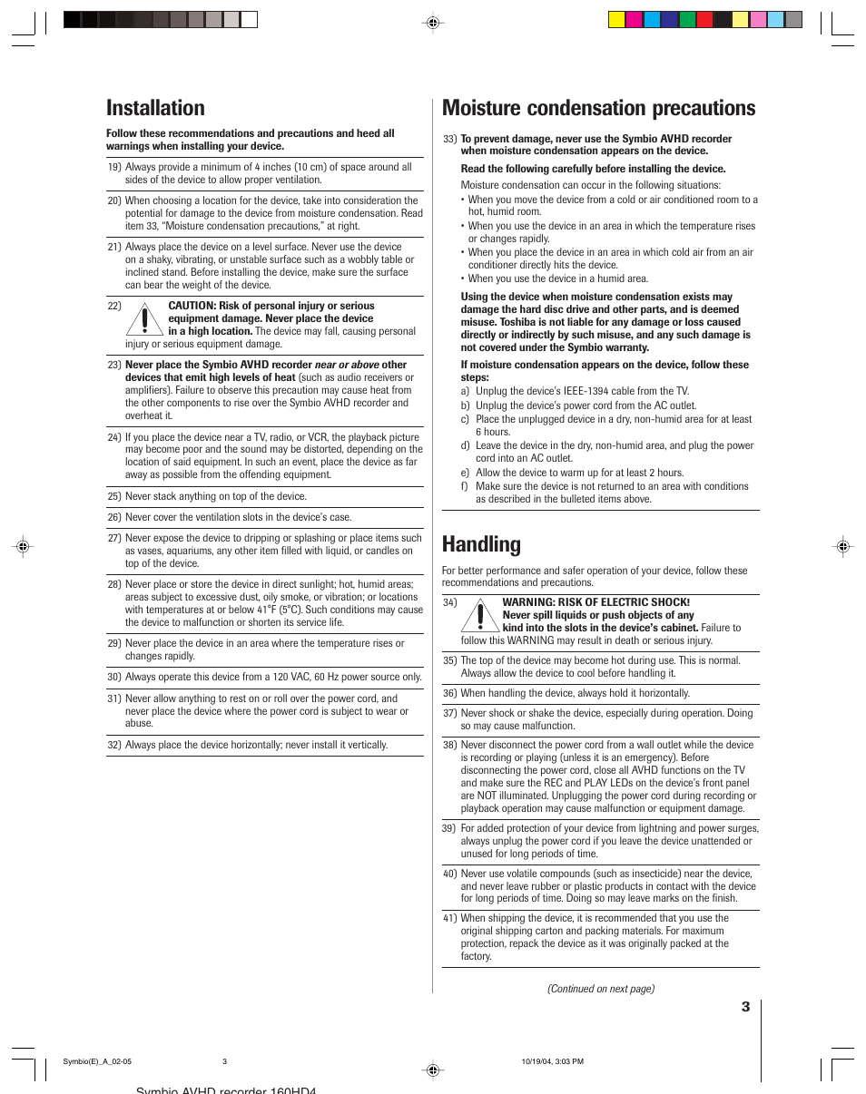 Installation, Moisture condensation precautions, Handling | Toshiba 160HD4 User Manual | Page 3 / 24