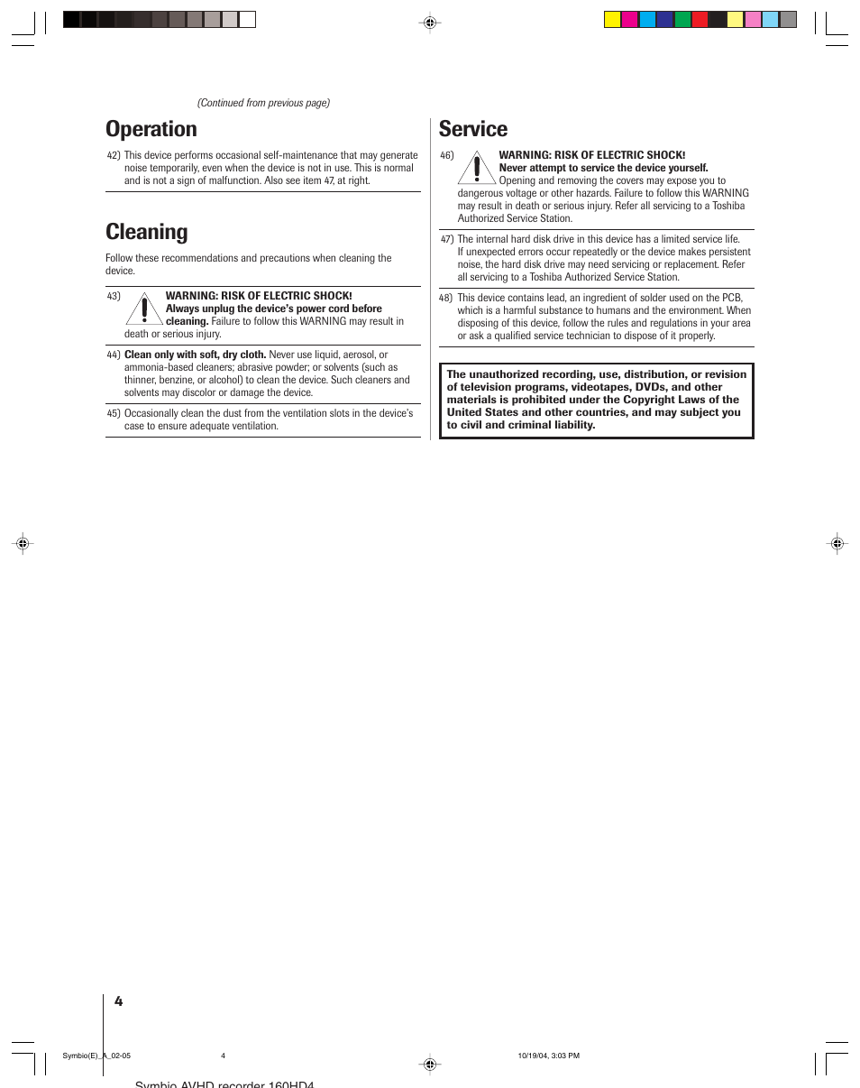 Cleaning, Service, Operation | Toshiba 160HD4 User Manual | Page 4 / 24