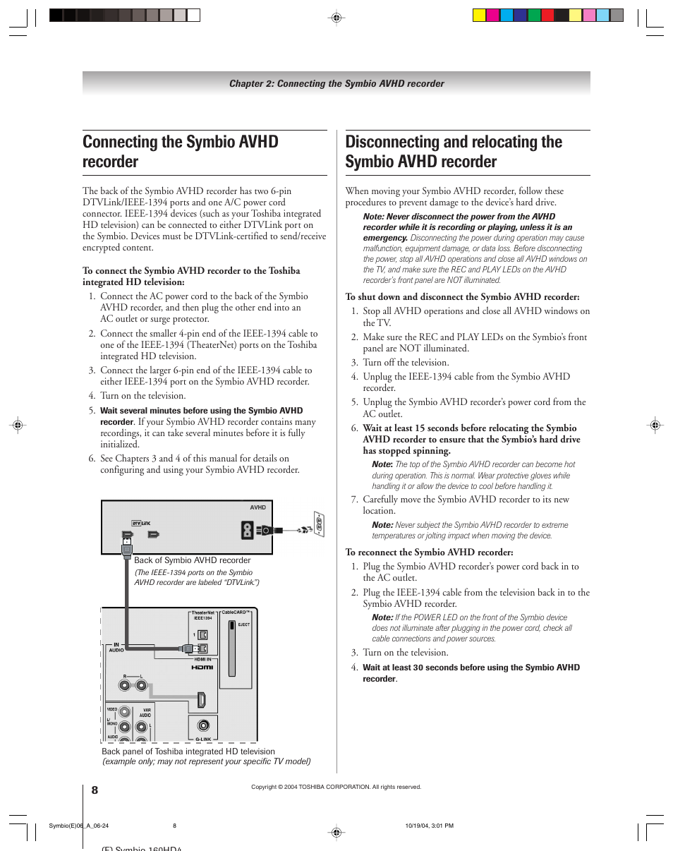 Connecting the symbio avhd recorder | Toshiba 160HD4 User Manual | Page 8 / 24