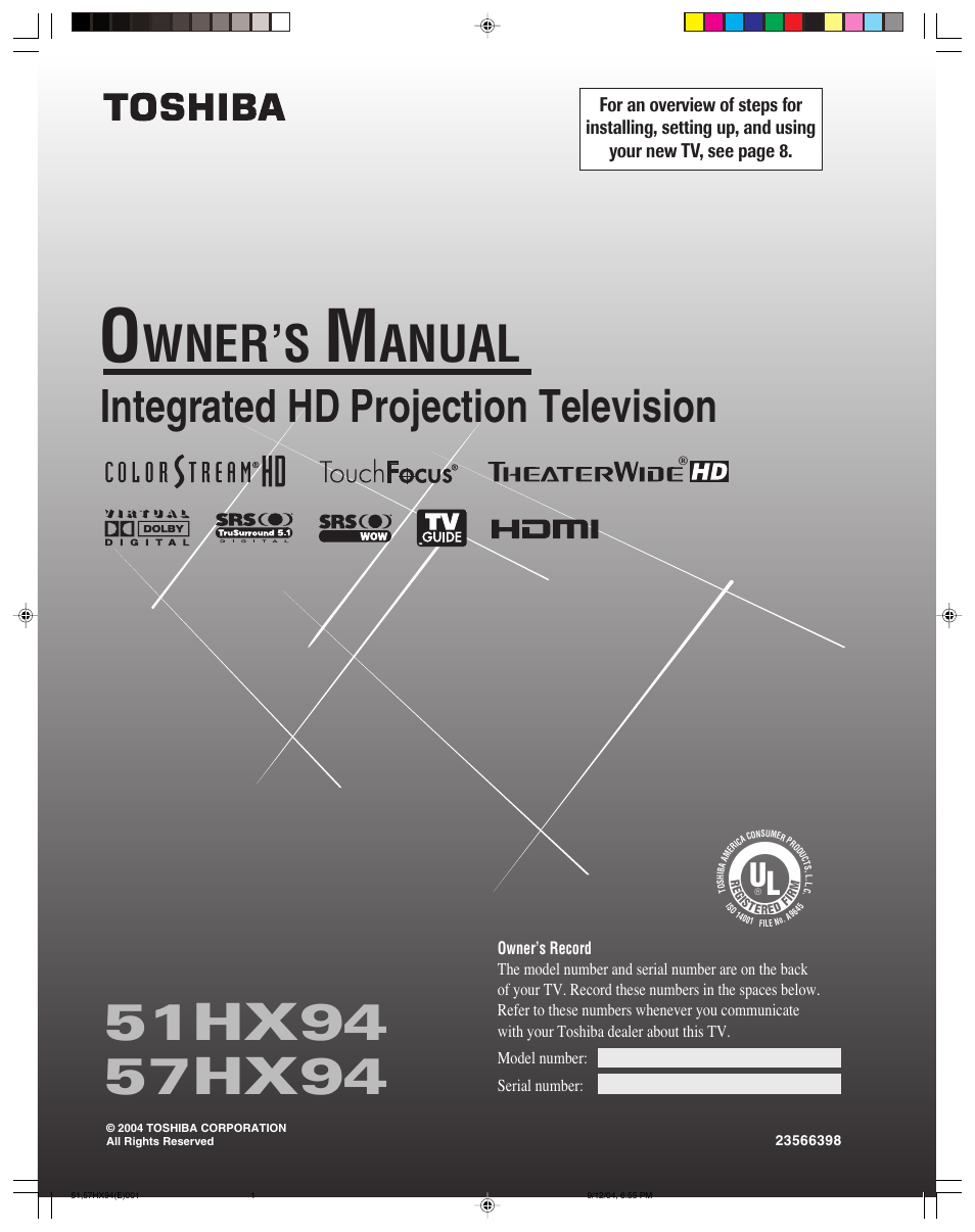 Toshiba 51HX94 User Manual | 104 pages