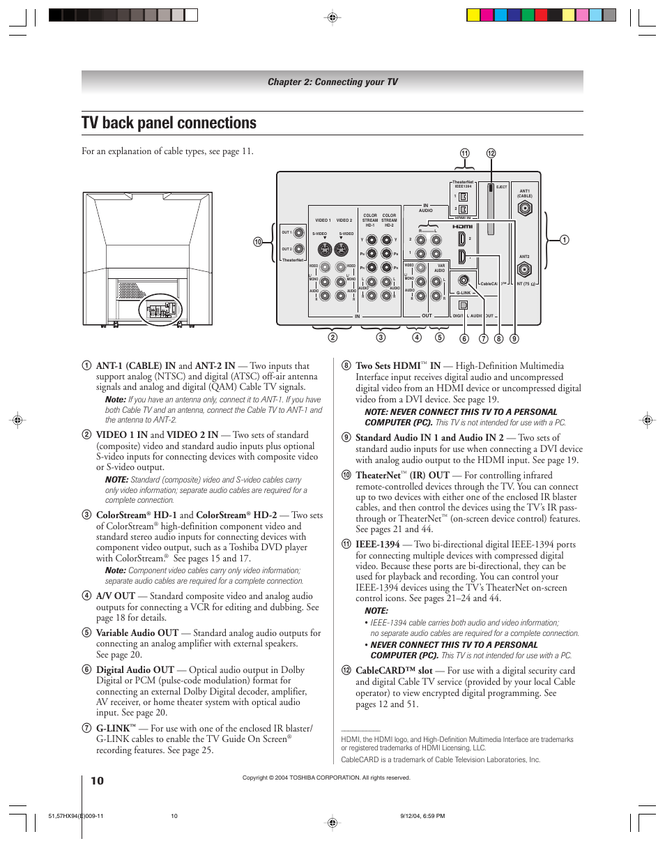 Tv back panel connections | Toshiba 51HX94 User Manual | Page 10 / 104