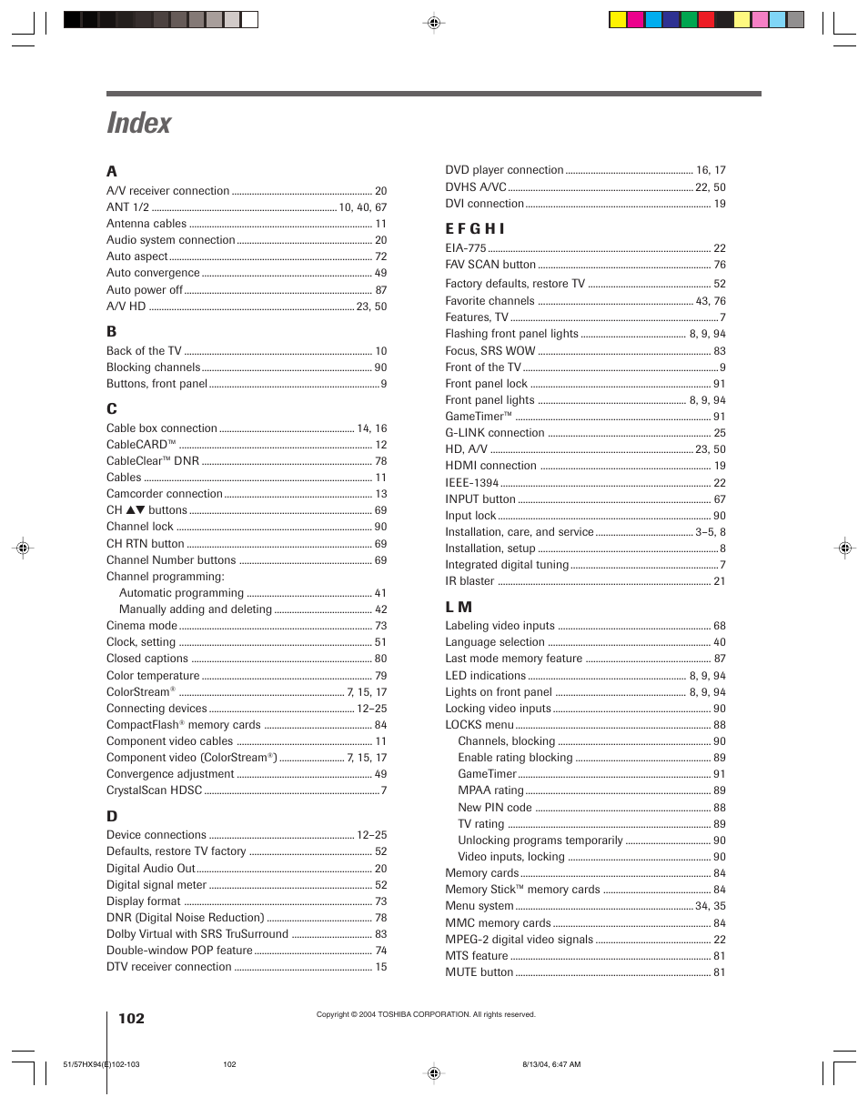 Index | Toshiba 51HX94 User Manual | Page 102 / 104