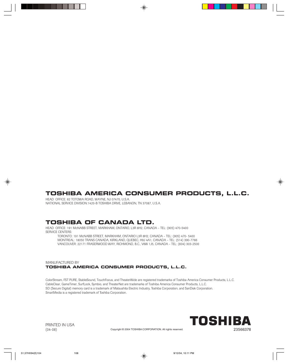 Toshiba america consumer products, l.l.c, Toshiba of canada ltd | Toshiba 51HX94 User Manual | Page 104 / 104