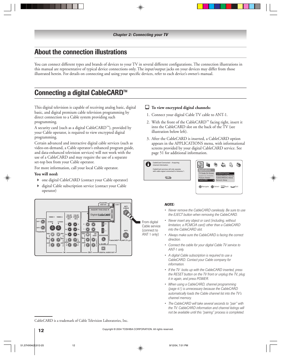 About the connection illustrations, Connecting a digital cablecard, Chapter 2: connecting your tv | Toshiba 51HX94 User Manual | Page 12 / 104